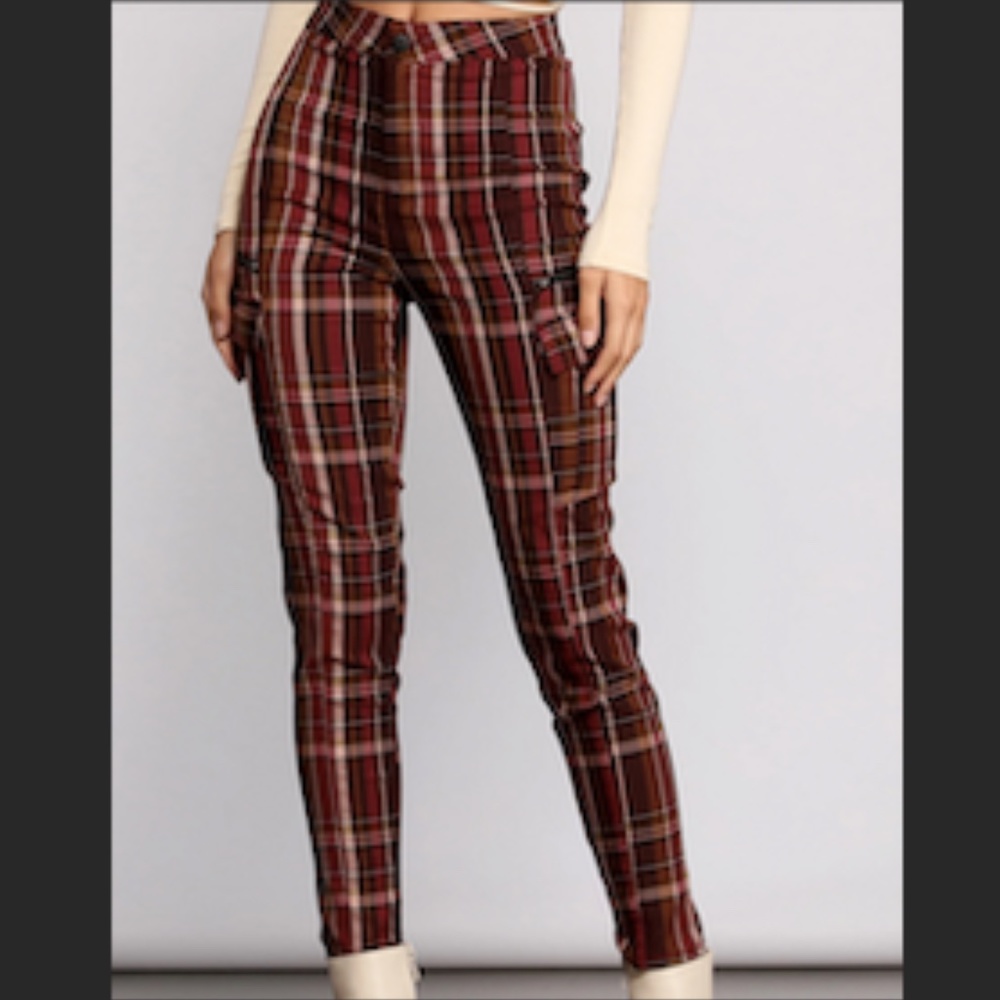High Waist Plaid Cargo Skinny Pants